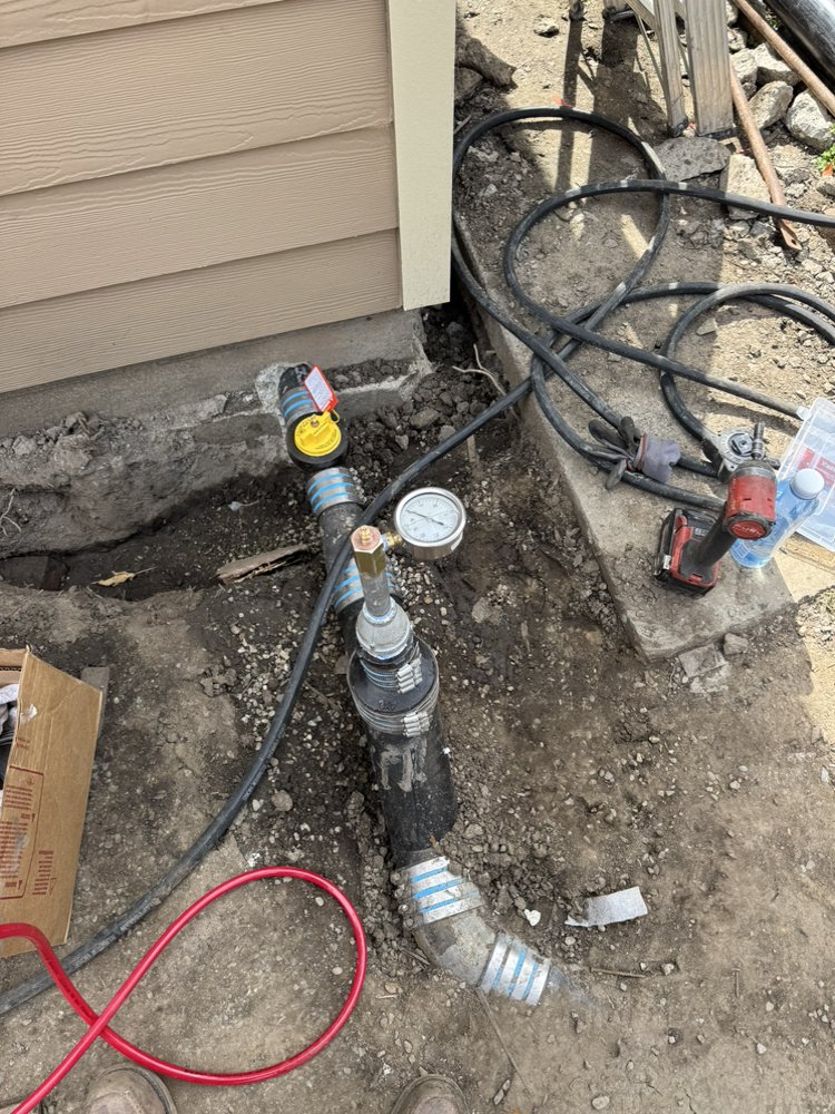 Pressure testing new underground water service line with gauge
